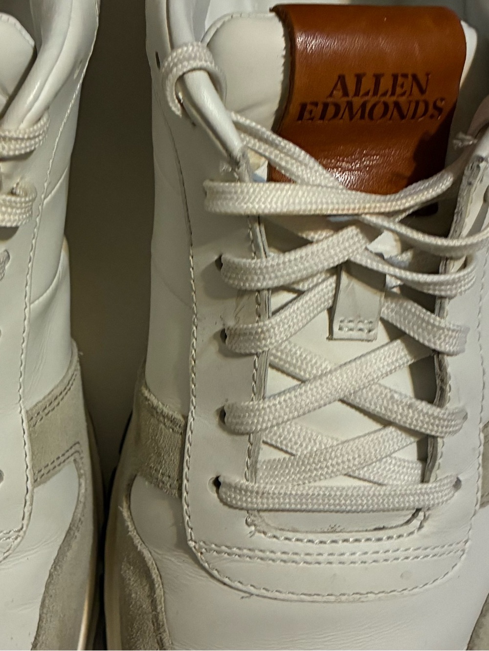 Allen Edmonds White Leather Sneakers with Tan Tongue and Gray Suede